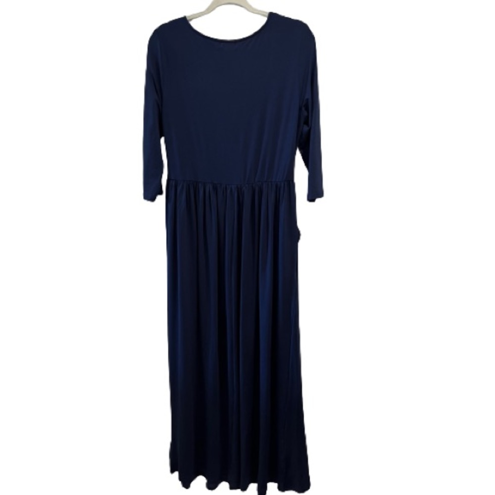 Glory Star Navy Maxi Dress Square Neck Ruched Top & Waist Elbow Sleeves Pockets